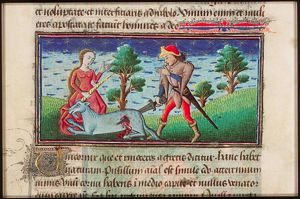 Unicornis (a unicorn), its head in a woman's lap, is stabbed with a sword by a hunter