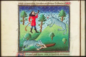 Two yena's (hyaena's): one is robbing a corpse from a grave, the other is confronted by a hunter, carrying a club and blowing his horn