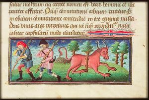 A bonnacon (bonasus) defecating: two hunters are fleeing from the smell of its dung