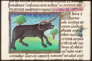 A Yale (or: Eale) with its characterizing horns (one straight, one bent)