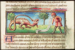 A snake-charmer approaches a snake-like fabulous animal (Aspic); in order to escape the lure of the magic sound, the Aspic presses one ear to the ground and puts his tail in his other ear