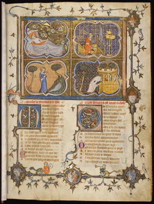 Teacher with two pupils(?) or story teller(?) in margin below