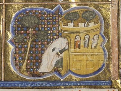 Amant, in his dream, arrives at a walled Garden of Love guarded by Hate, Perfidy and Viciousness (4th of 4)