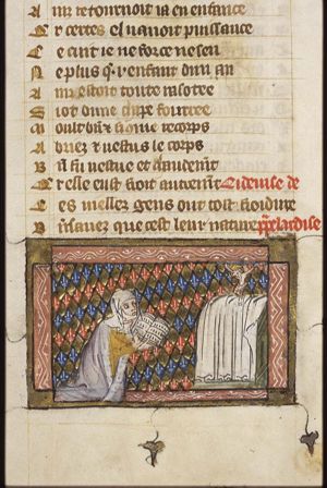 Religious hypocrisy (Papelardie) kneeling before an altar