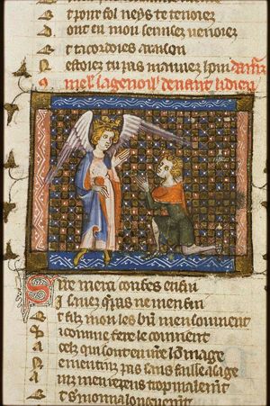Amant kneeling and honouring the God of Love