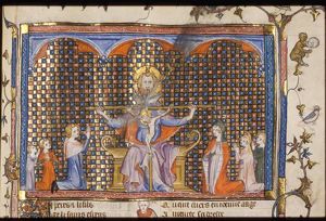 The Trinity: God the Father holding the crucifix (Mercy-Seat), with male and female worshippers