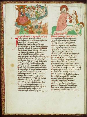 God the Father enthroned; angels casting the rebels angels out of Heaven; they become devils