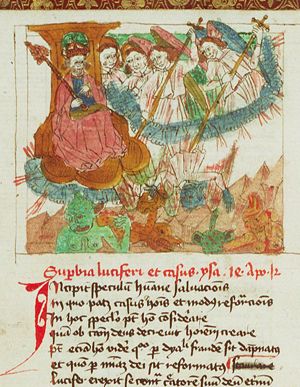 God the Father enthroned; angels casting the rebels angels out of Heaven; they become devils
