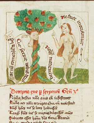 The serpent tries to persuade Eve to take some of the fruit