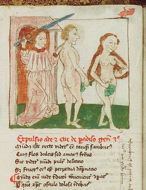 Expulsion of Adam and Eve from paradise by an angel with a (flaming) sword