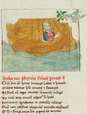 The Great Flood: the ark of Noah floating on the waters, the dove returns with an olive branch