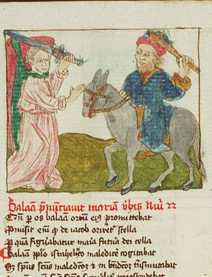 An angel holding a sword bars the way and causes Balaam's ass to turn aside