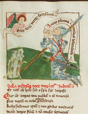 Gideon receives a sign from the angel: the dew is on the sheep's fleece only
