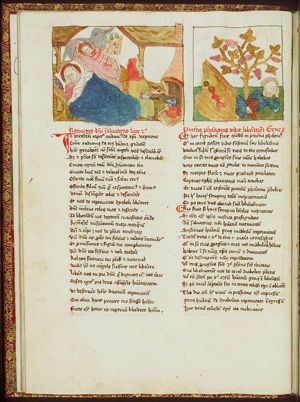 The Nativity: the Christ-child in the manger, Mary lies in bed, St. Joseph prepares a meal