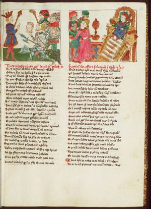 Three of David's heroes draw water out of the well of Bethlehem, during their stay in the cave Adullam