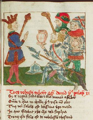 Three of David's heroes draw water out of the well of Bethlehem, during their stay in the cave Adullam