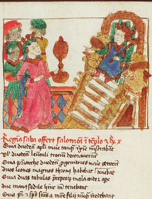 Solomon, enthroned, receiving the queen of Sheba, who is bringing gifts