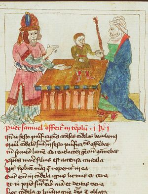 Hannah presents Samuel to Eli in the temple at Shiloh