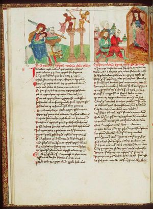 The Flight into Egypt: Mary, St. Joseph and the Christ-child on their way, the idols falling down