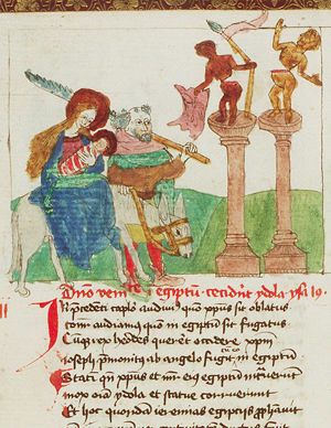 The Flight into Egypt: Mary, St. Joseph and the Christ-child on their way, the idols falling down