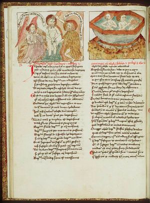 The baptism of Christ by St. John the Baptist, an angel holds Christ's robe