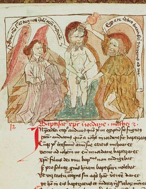 The baptism of Christ by St. John the Baptist, an angel holds Christ's robe