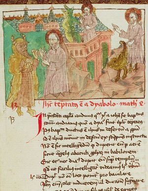 The three temptations of Christ in the desert by Satan