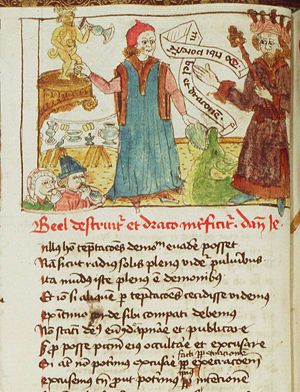 Daniel, who refuses to worship Bel, discusses the power of the god with King Cyrus; the priests of Bel feast on the food left for Bel; Daniel gives food to the dragon