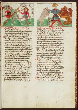 David and Goliath: David takes Goliath's sword, after having hit him on the forehead with a stone from his sling