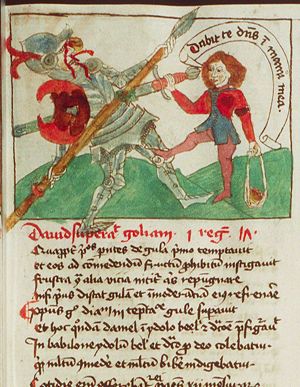 David and Goliath: David takes Goliath's sword, after having hit him on the forehead with a stone from his sling