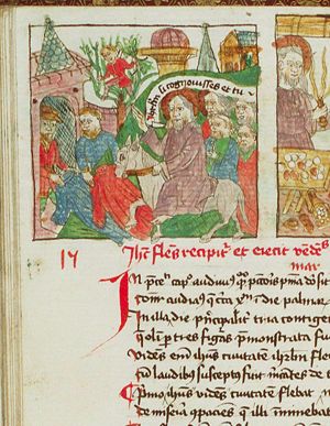 The Entry into Jerusalem: Christ enters the city-gate on an ass