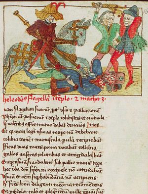 Heliodorus is attacked by a man on horseback and two other men