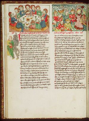 Judas, holding his reward, goes out to betray Christ and is followed (entered) by Satan