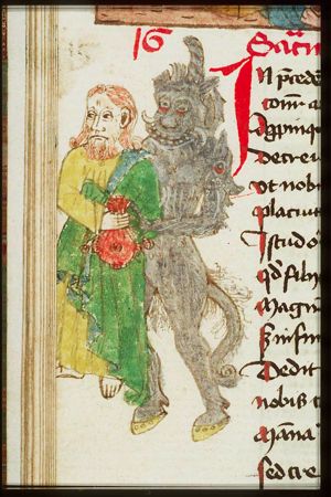 Judas, holding his reward, goes out to betray Christ and is followed (entered) by Satan