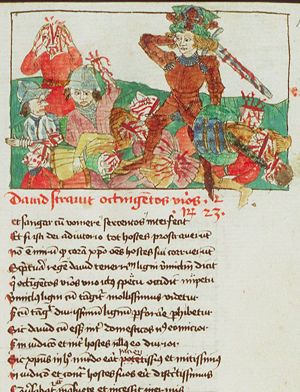 David kills eight hundred enemies (actually this act is attributed to David's hero Jashobeam the Hachmonite)