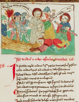 Arrest of Christ: the kiss of Judas; Malchus is healed by Christ