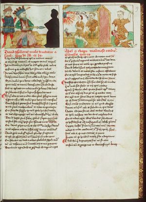 Saul casts his spear at David who is playing his harp before the king