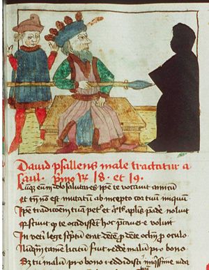 Saul casts his spear at David who is playing his harp before the king