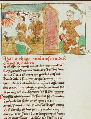 The sacrifices of Cain and Abel: Abel offers a lamb, Cain a sheaf of corn
