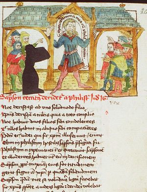 Samson, mocked by the Philistines, breaks the pillars of the temple of Dagon