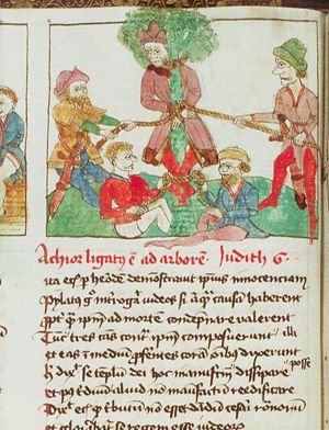Achior is tied to a tree near the city of Bethuliah