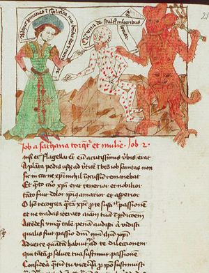 Job on the dunghill is tormented by his wife and the devil