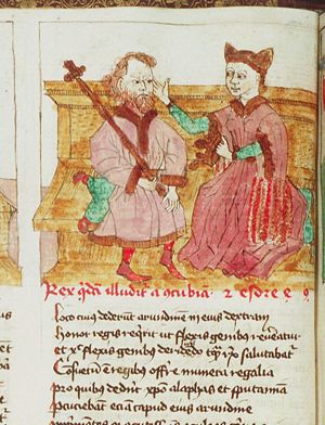Apamene, King Darius' concubine, takes the crown off the king's head, puts it on her own, and slaps Darius' face with her other hand
