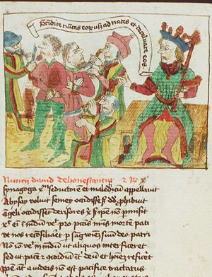 Hanun, king of the Ammonites, mistreats David's messengers: their beards are shaven off and their clothes are cut off