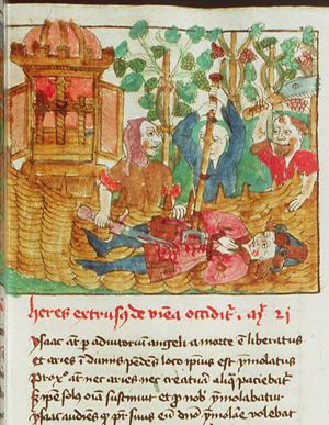 Parable of the vineyard: the servants cast the lord's son out of the vineyards and kill him