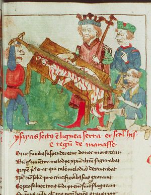 The martyrdom of Isaiah: he is sawn in two