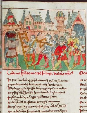 Death of Codrus, king of Athens: disguised as a peasant, he seeks to be killed by enemy soldiers to save his city, because he had learned from the oracle that the side whose king fell would be victorious