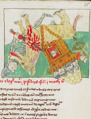 Eleazar, brother of Judas Maccabeus, kills an elephant of war and is killed himself when the elephant falls on him