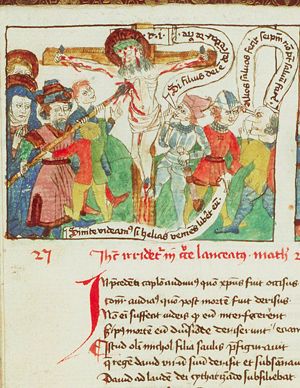 The Crucifixion, with Mary, St. John, Longinus piercing Christ's side with a lance, and soldiers(?) mocking Christ