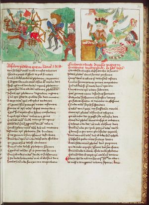 The death of Absalom: hanging by his hair in an oak-tree, he is pierced by Joab